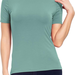 Haut décontracté à col roulé et manches courtes pour femme, en jersey uni, coupe classique, respirant, en coton biologique, été, avec logo vert - Product Image 6