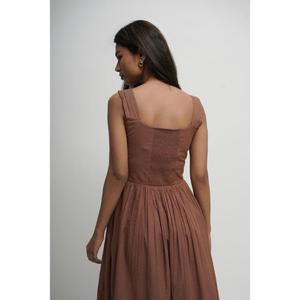 Elegant Brown A-Line Maxi <b>Dress</b> V-neck Spaghetti Straps <b>Ruffles</b> 100% Cotton Natural Waist Belt Summer Evening Gown Women - Product Image 5