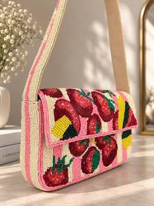 High Quality Beaded <b>Crossbody</b> <b>Bag</b> With Tomato And Corn Pattern <b>Pink</b> Red Folk Art Embroidery Textile Handbag For Women - Product Image 6