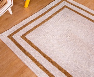 Farmhouse Striped Jute Area Rug Rectangle Flat Weave Eco Friendly Living Room Rug <b>White</b> with Brown Border - Product Image 2