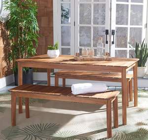 Juego de mesa de comedor de madera de teca con 2 bancos largos, acabado natural, para uso en interiores y exteriores. - Product Image 1