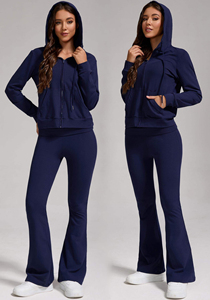 ชุดกีฬาลำลองผู้หญิงแบบมีฮู้ดและกางเกงขายาวทรงบาน สีพื้น ชุดเซ็ตสองชิ้น ระบายอากาศได้ดี สำหรับฤดูหนาว ไซส์พลัส - Product Image 6