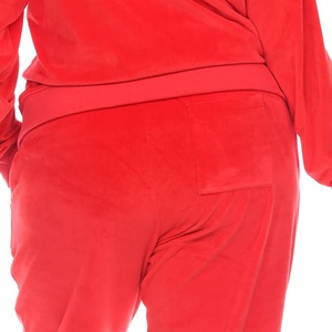 Women Plus Size Red Hooded Tracksuit Set Full Length Solid Color Casual Joggers with Side Pockets Zipper Fly Fleece Winter Wear - Product Image 5