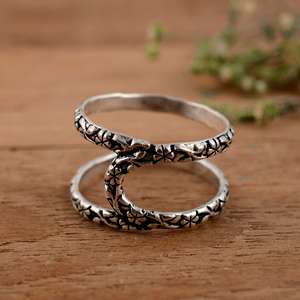 Handmade 925 Sterling <b>Silver</b> Oxidized Floral Vine <b>Ring</b> <b>Adjustable</b> Boho Double Band Arthritis Splint Vintage Flower Engraved - Product Image 1