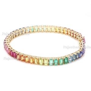 Bracelet de tennis en or rose massif 14 carats avec pierres naturelles arc-en-ciel taille émeraude 5x3mm pour cadeau de fête et de mariage - Product Image 4
