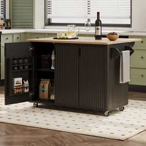 51\" Fluted Kitchen Island Drop Leaf Farmhouse Accent Rolling Kitchen Cart Internal Storage Rack Targeted Audience Kitchen - Product Image 2