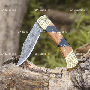 UA Supplies Hand Engraved Damascus Folding Pocket <b>Knife</b> Clip Point Resin & Olive Wood <b>Handle</b> Custom OEM Factory Direct <b>Knives</b> - Product Image 5