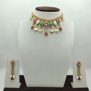 Traditional Gold Plated Choker <b>Necklace</b> <b>Set</b> with Kundan Polki Red Green Stones <b>Pearl</b> Drops and Matching Earrings - Product Image 1