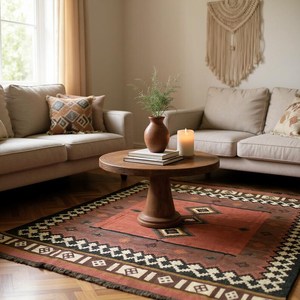 Tapis rectangulaire artisanal en laine tufté à la main, motif géométrique Kilim, écologique, pour salon, à poils moyens, nettoyage localisé, par Krafterscustom - Product Image 1