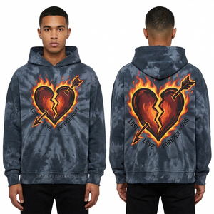 Sweat à capuche personnalisé rouge délavé à l'acide pour homme, motif cœur brisé, streetwear déchiré, molleton épais, fournisseur - Product Image 3