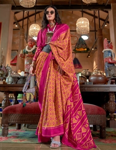 Sari de Diseño KV Soft Silk Ikat con Estampado Geométrico Naranja y Blusa Sin Coser - Product Image 5