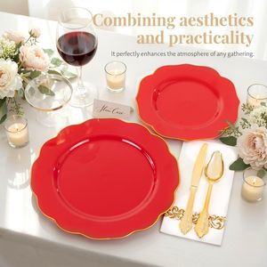 Set di stoviglie in plastica rossa da 175 pezzi, posate dorate usa e getta, include 50 piatti in plastica rossi e dorati, 25 coltelli, 25 forchette, 25 posate per feste - Product Image 2