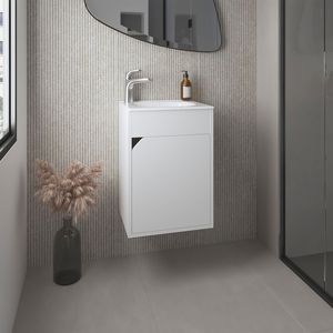 Mobile bagno sospeso Bethel bianco a una anta, design ampio con lavabo in resina e due ripiani per lo stoccaggio - Product Image 1