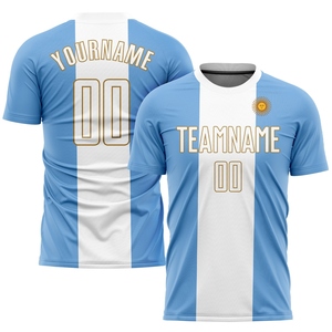 Wholesale Direct Industry Top Quality Custom Light Blue White-<b>Old</b> Gold Sublimation Argentinian Flag Soccer Uniform Jersey - Product Image 1