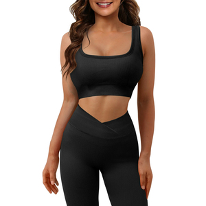 Women's Seamless High Waist Yoga Set Solid Black Racerback Sports Bra Full Length Leggings Four-Way Stretch 2 Piece - Product Image 4