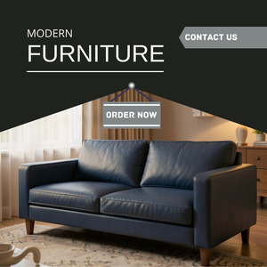 Sofá de Cuero Genuino de Lujo, Estilo Moderno de Mediados de Siglo, Tapicería Azul para Salas de Estar Residenciales y Comerciales - Product Image 5