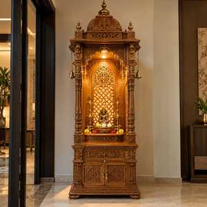 Wooden Pooja <b>Mandir</b> Home Temple 6 Feet Tall 3 Feet Wide Designer Hindu Prayer Unit with Intricate Hand Carved Floral Jaali Work - Product Image 1