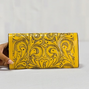 Cartera y Funda para Teléfono de Cuero Genuino con Cierre a Presión y Estampado Floral para Mujer, Anti-Robo, Multiusos, Amarillo - Product Image 3
