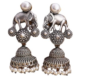 Pendientes Jhumka de Elefante Estilo Tribal con Perlas de Imitación y Circonitas, Corte Pera, Engaste de Bisel, Clásicos, Chapados en Plata Antigua, de Latón para Mujer - Product Image 1