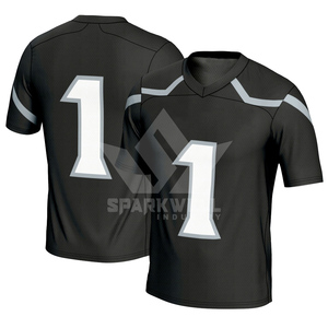Maillot de football américain noir pour homme, col en V, manches courtes, numéro 1 sublimé, polyester respirant, coupe athlétique - Product Image 1