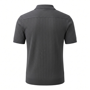 Chemise d'été côtelée en fil teint extensible pour homme, tricotée sur le devant, texture unie, coupe classique, décontractée, OEM ODM, vente en gros, usine, marque privée - Product Image 3