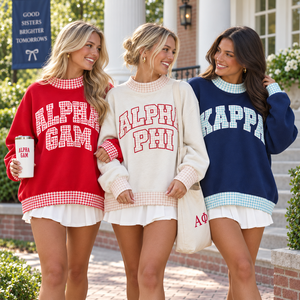Sudadera extragrande de cuadros vichy personalizada para mujer con apliques de letras universitarias bordadas, jersey de hermandad universitaria, venta al por mayor, marca privada - Product Image 1