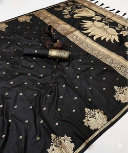 Sari de Seda Negra con Bordado Dorado, Estilo Banarasi, Tradicional para Bodas Indias, Largo hasta el Suelo, de Secado Rápido para Mujer - Product Image 1