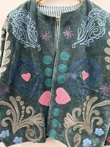 Bohemian Soft <b>Velvet</b> Suzani Embroidered <b>Jacket</b> with Floral And Heart Pattern Full Sleeve O-Neck <b>Women's</b> Winter Outerwear - Product Image 5