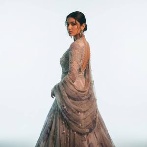 Embroidered Organza <b>Maxi</b> <b>Dress</b> Strapless Long <b>Sleeve</b> Floral Beaded A-Line Formal Party Wear for Women - Product Image 1