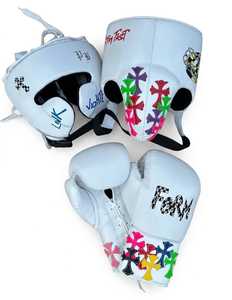 New Custom Made Professional <b>Boxing</b> Chrome Heart Lace-Up Leather Training <b>Sparring</b> <b>Set</b> Gloves Headgear Groin Guard - Product Image 2