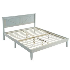 Struttura letto a piattaforma in legno massello con testiera intagliata a mano in grigio rustico, misura Full Size, per letto a baldacchino o letto a slitta, per stile rustico/country - Product Image 1