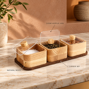 Three Piece Wooden <b>Canister</b> <b>Set</b> with Clear Lids and Knob Handles for Kitchen Storage | Natural Wood Spice Organizer Herb Storage - Product Image 3