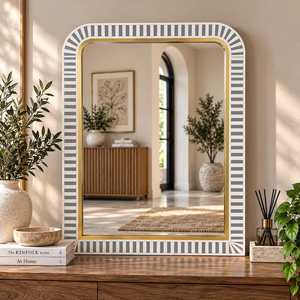 Espejo con Incrustaciones de Hueso Hecho a Mano, Espejo Rectangular de Pared, Espejo de Baño con Borde de Latón, Decoración Moderna para el Hogar - Product Image 1