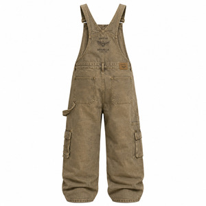 Salopette cargo en denim délavé olive avec broderie d'insigne, unisexe, coupe large, style streetwear Cyber Y2K, pour grossistes - Product Image 3