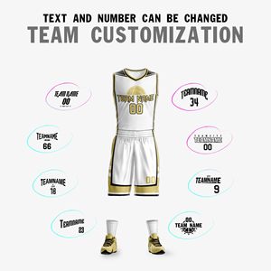 Conjunto de Uniforme de Baloncesto Sublimado Personalizado, Blanco y Dorado, Nombre del Equipo, Número, Cuello en V, Sin Mangas, Malla Transpirable, Unisex para Adultos - Product Image 4