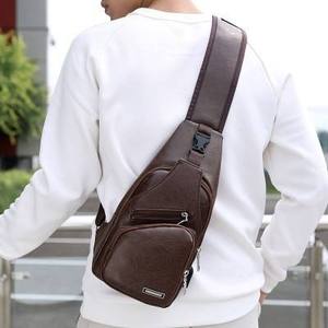 Premium PU Leather Shoulder Bag Casual Mens Chest Pack with Earphone Hole and <b>Adjustable</b> <b>Strap</b> for Outdoor Travel - Product Image 3