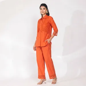 Conjunto de Dos Piezas de Lino y Algodón Naranja para Mujer, Camisa con Cuello de Solapa, Manga Tres Cuartos, Pantalones Rectos, Corte Regular, Atuendo Elegante de Verano - Product Image 5