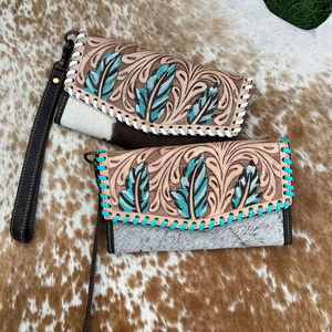 Portefeuille de sculpture usiné à la main Offre Spéciale pochette portefeuille en fourrure de vachette de couleur turquoise élégante portefeuilles en cuir occidental à usages multiples - Product Image 3