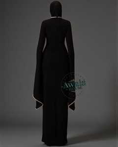 Awais House Women's Modest Black High Neck Floor-Length Long Sleeve Satin Evening Dress With Pearl Trim - Product Image 6