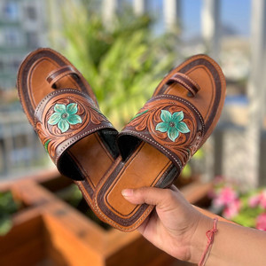 จริงทําด้วยมือของแท้ผู้หญิงสไตล์ตะวันตกTooled Cowhideหนังสบายๆกลางแจ้งFlipflopแบนTurquoiseรองเท้าเปิดนิ้วเท้ารองเท้าแตะ - Product Image 5