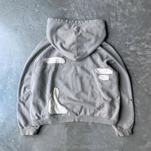 Sudadera con capucha y cremallera de felpa francesa, estilo urbano, con logo serigrafiado, ecológica, de talla grande, con bolsillos grandes y parches, tipo chándal. - Product Image 2