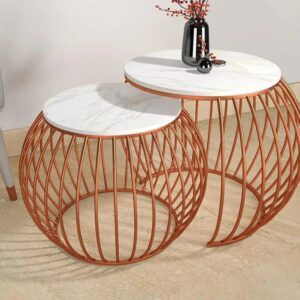 Ensemble de tables basses gigognes rondes modernes en métal – Plateau en marbre blanc et base en cuivre |   Ensemble table basse et table d'appoint pour salon - Product Image 2
