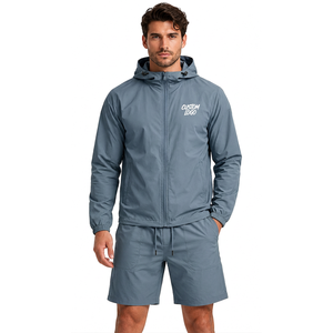 Ensemble veste coupe-vent et short en polyester personnalisé pour homme, léger, deux pièces, tenue streetwear avec logo brodé et taille élastique - Product Image 3