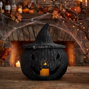 Portavelas de mimbre negro con forma de calabaza Jack O' Lantern, sombrero de bruja, hecho a mano, para almacenamiento de dulces de Halloween, decoración interior - Product Image 2