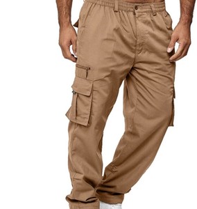 Men <b>Cargo</b> <b>Pants</b> Midweight Polyester/Cotton Elastic Waist Multiple Pockets Casual <b>Work</b> <b>Pants</b> Tan Color Breathable Canvas Fabric - Product Image 1