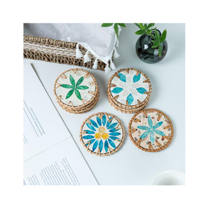 Sous-verres multifonctionnels en nacre et rotin, colorés et décoratifs, accessoires de décoration de table haut de gamme, vente en gros - Product Image 1