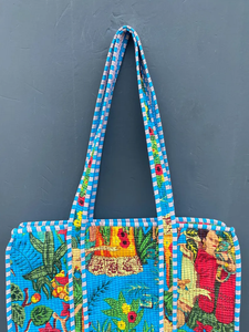 Sac fourre-tout matelassé en coton imprimé au bloc, sac à bandoulière zippé, sac de shopping souple, couleur unie, portable, pour la plage, l'été et l'automne - Product Image 2