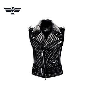 Mens Black Studded <b>Punk</b> Leather Vest Spikes Rhinestone Embellishments Anti-UV Protection 300g Heavyweight Full Sleeve All - Product Image 1