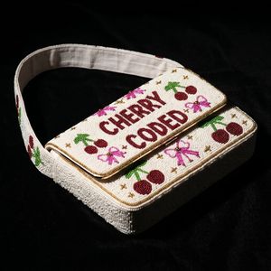 Cherry Coded Embroidered Beaded <b>Clutch</b> Bag With Pink Bows And <b>Red</b> Cherries Craft handbag Women fashion beaded accessory - Product Image 2