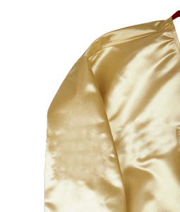 Veste universitaire en satin doré pour homme avec bordure rouge, boutons sur le devant, style décontracté, veste bomber de style universitaire, vêtement d'automne - Product Image 5